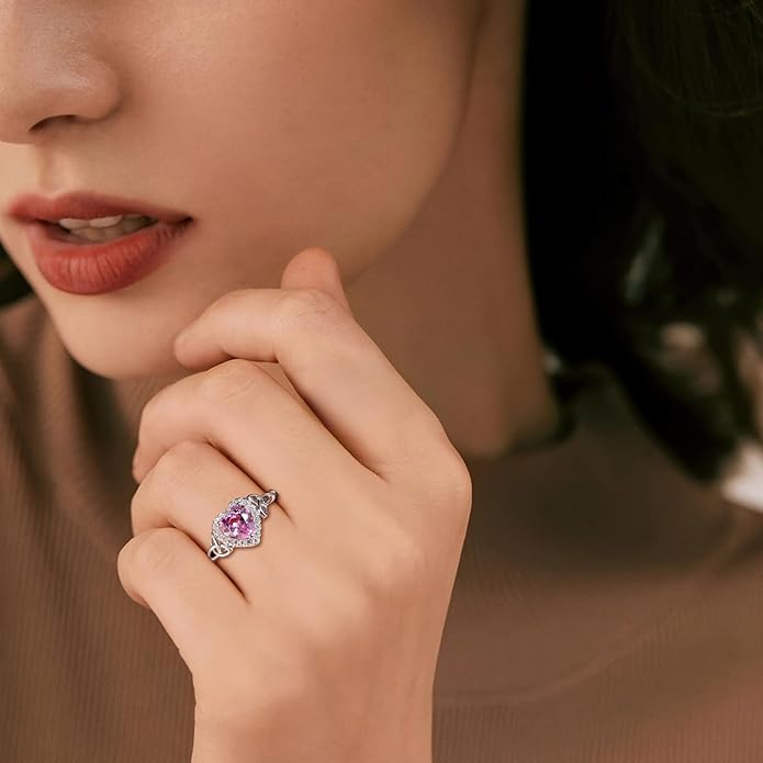 DAYBYDAY Celtic Birthstone Rings for Women 925 Sterling Silver Heart/Round/Pear/Oval Created Gemstone Moissanite Halo Engagement Promise Rings for Her Wife Birthday Anniversary Wedding Jewelry