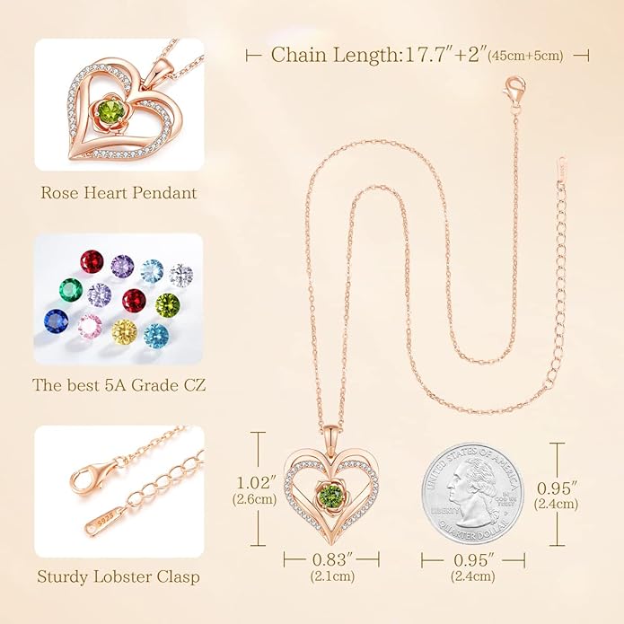 CDE S925 Silver Rose Gold Heart Birthstone Necklaces for Women，Ideal Anniversary or Birthday Jewelry Gifts for Wife Girlfriend Her