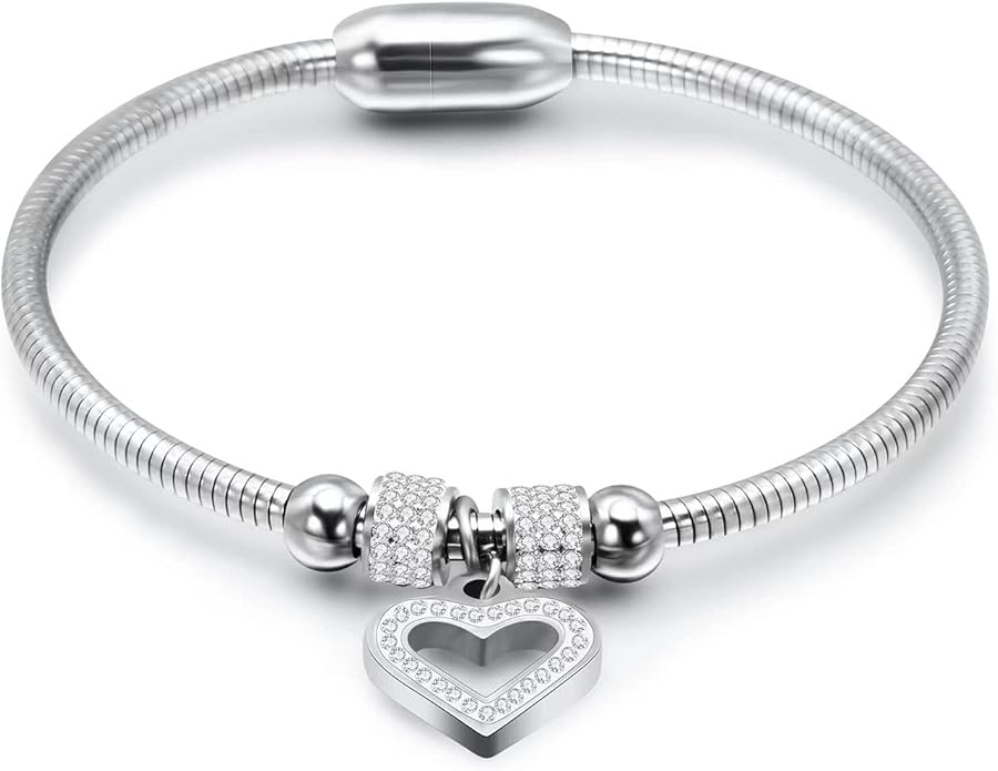 KunBead Heart Charm Birthday Bracelet Stainless Steel Love Bangle Cuff Jewelry Bracelets for Women