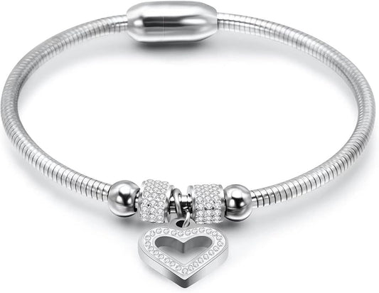 KunBead Heart Charm Birthday Bracelet Stainless Steel Love Bangle Cuff Jewelry Bracelets for Women