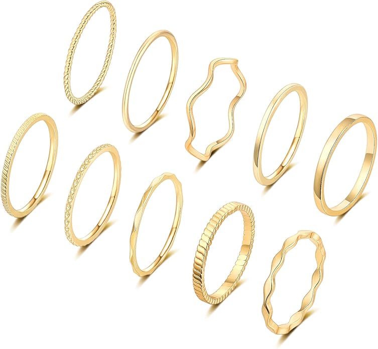 WFYOU 10 Pcs 1-2mm 18K Gold Plated Simple Rings for Women Band Knuckle Stacking Midi Rings Elegant Classic Minimalist Rings Comfort Fit