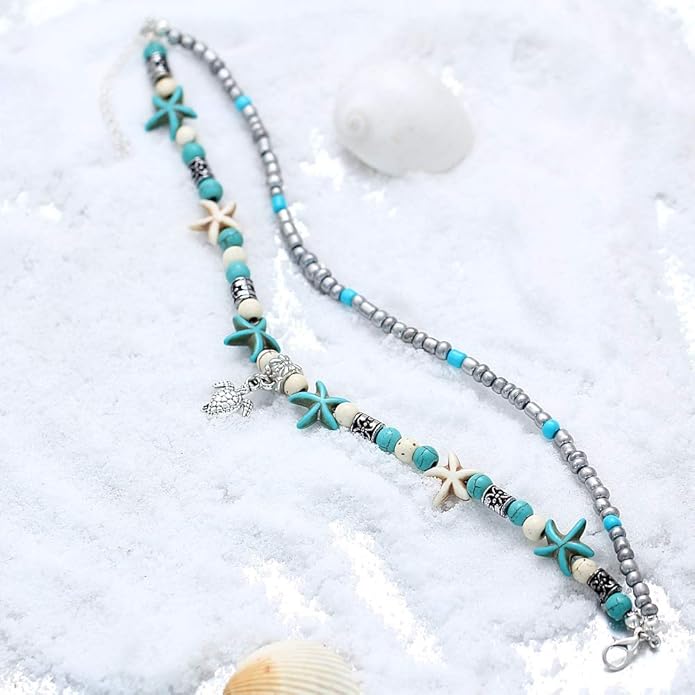 Starain Blue Turtle Anklets for Women Multilayer Beads Handmade Beach Ankle Bracelet Set Boho Foot Jewelry