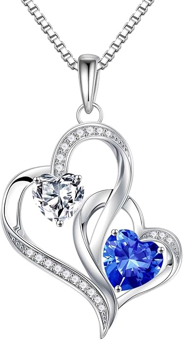 Iefil Birthstone Necklace for Women - 925 Sterling Silver Double Birthstone Heart Necklace | Anniversary Birthday Gifts for Women | Personalized Gifts | Jewelry Gifts for Wife Mom Girlfriend