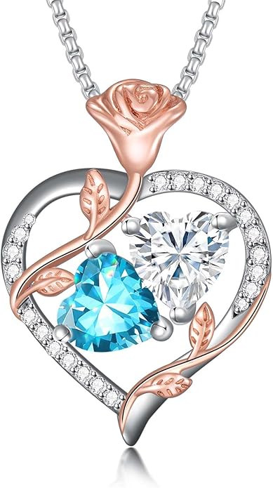 Jewelry for Her Double Heart Rose Birthstone Pendant Necklace Anniversary Jewelry Christmas Birthday Gifts for Women Wife Girlfriend