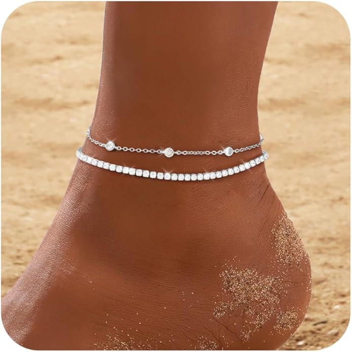 RLMOON Gold Anklets for Women CZ Ankle Bracelet 14K Gold Plated Waterproof Dainty Layered Tennis Heart Dot Chain Silver Clover Anklet Trendy Foot Jewelry