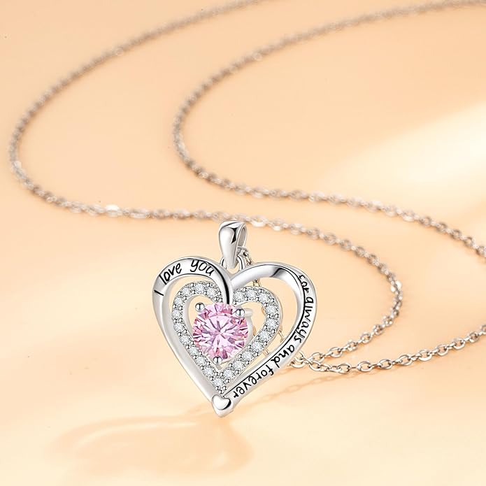 Heart Necklace, I Love You Always & Forever, Birthstone Cubic Zirconia Pendant, Gift for Women