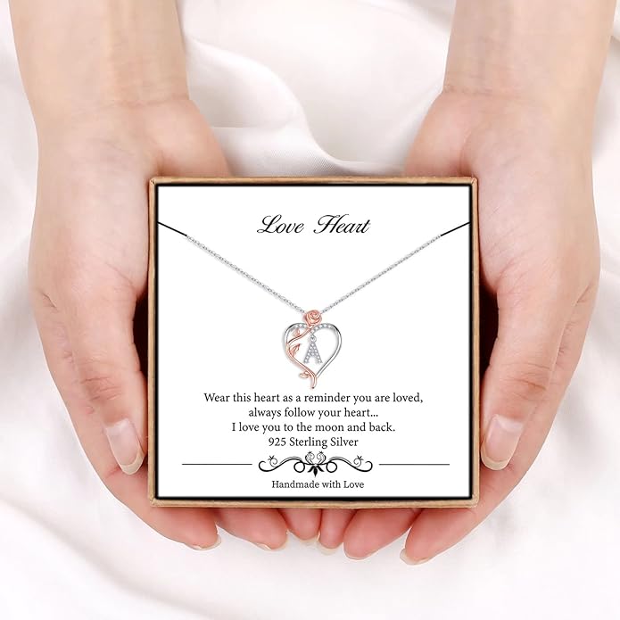 Iefil Rose Heart Necklaces Gifts for Women - 925 Sterling Silver Rose Heart Initial Necklace, Anniversary Birthday Gifts for Women, Jewelry Gift for Her Wife Girlfriend Mom Daughter