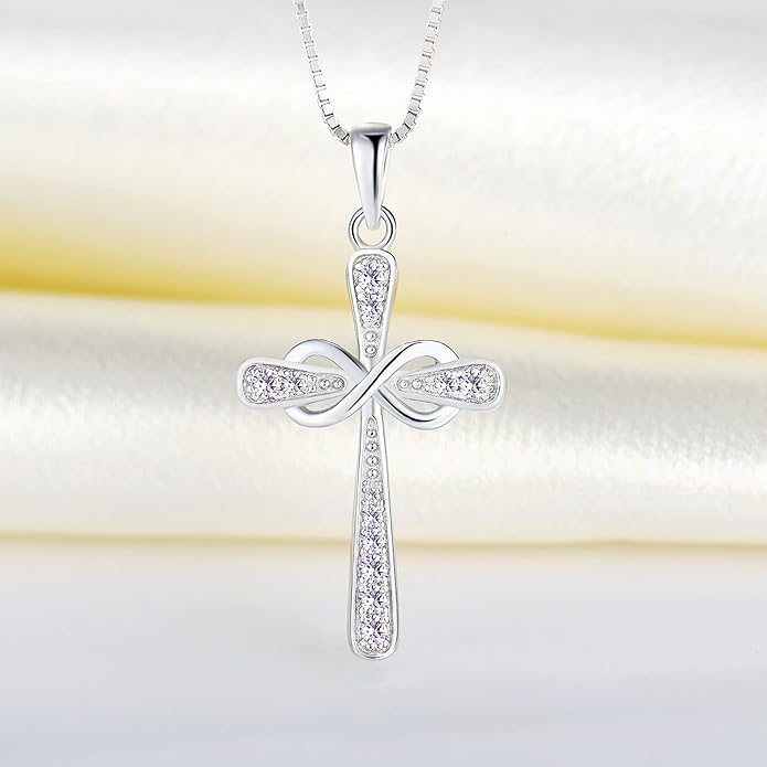 YL 925 Sterling Silver Cross Necklace for Women Halo Infinity Pendant Birthstone Jewelry for Mom