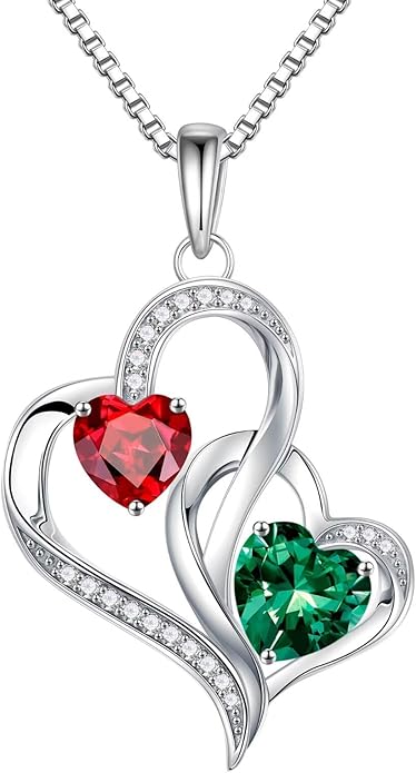 Iefil Birthstone Necklace for Women - 925 Sterling Silver Double Birthstone Heart Necklace | Anniversary Birthday Gifts for Women | Personalized Gifts | Jewelry Gifts for Wife Mom Girlfriend