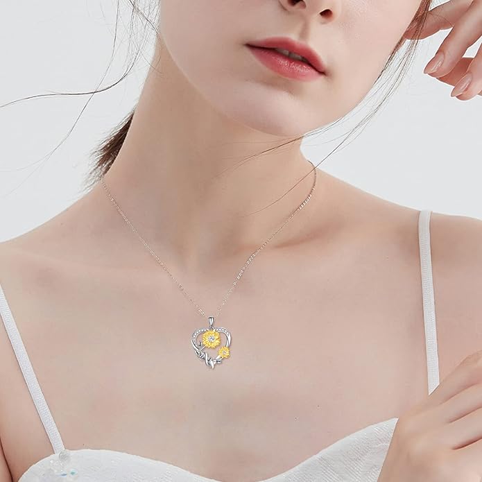 Sunflower Necklace for Women, 18K Gold Plated Silver Moissanite Sunflower Heart/Cross Pendant Necklace You are My Sunshine Gifts Sunflower Jewelry Birthday Christmas Mothers Day Gifts for Her Girlfriend Wife