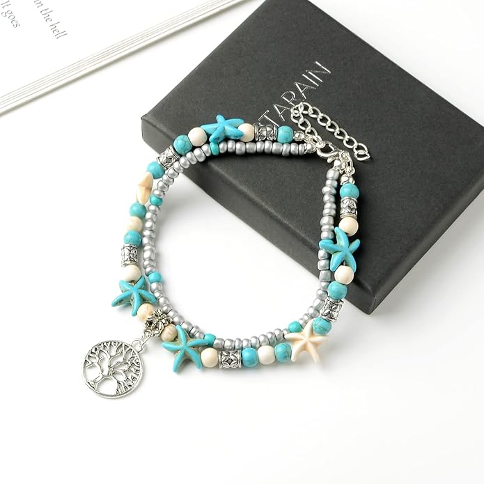 Starain Blue Turtle Anklets for Women Multilayer Beads Handmade Beach Ankle Bracelet Set Boho Foot Jewelry