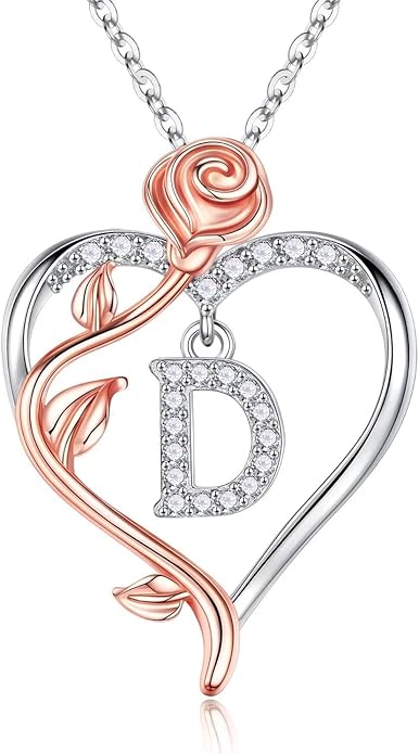 Iefil Rose Heart Necklaces Gifts for Women - 925 Sterling Silver Rose Heart Initial Necklace, Anniversary Birthday Gifts for Women, Jewelry Gift for Her Wife Girlfriend Mom Daughter