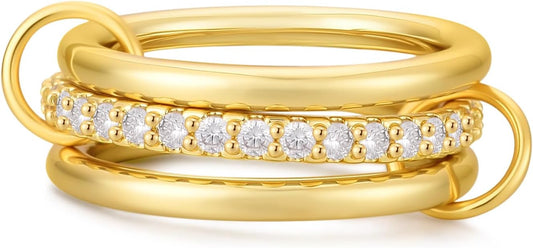 14K Gold Plated Interlocked Stackable Rings for Women Non Tarnish,Gold and Silver Cubic Zirconia Statement Rings Set,Mixed Metals Ring Two-Toned Connected Bands Stacking Jewelry