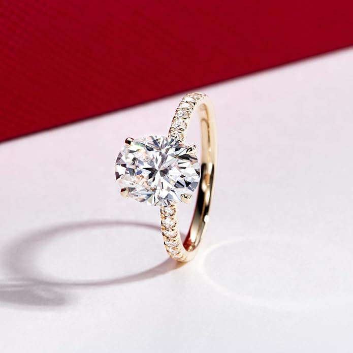 14K Solid Gold Side Stones Ring, Round/Princess Cut Centerpiece Moissanite Lab Grown Created Diamond, D Color and Flawless Real Gold Wedding Anniversary Ring