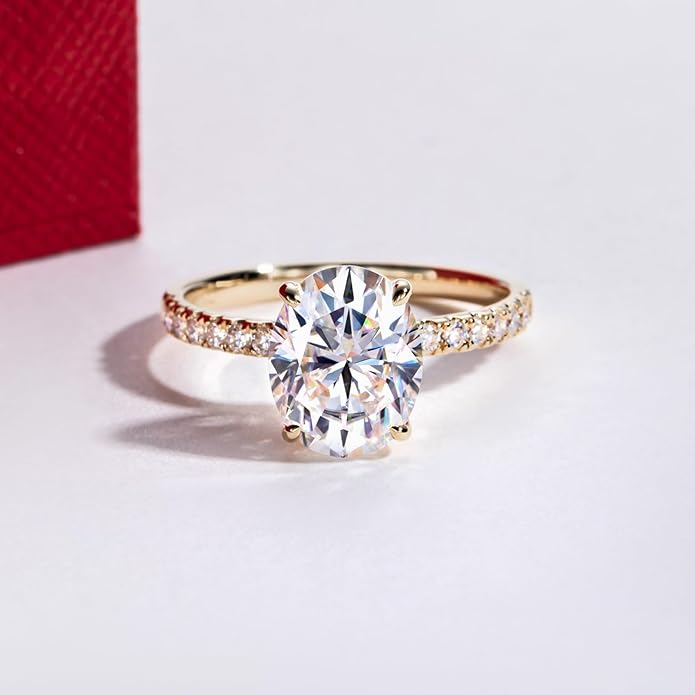 14K Solid Gold Side Stones Ring, Round/Princess Cut Centerpiece Moissanite Lab Grown Created Diamond, D Color and Flawless Real Gold Wedding Anniversary Ring