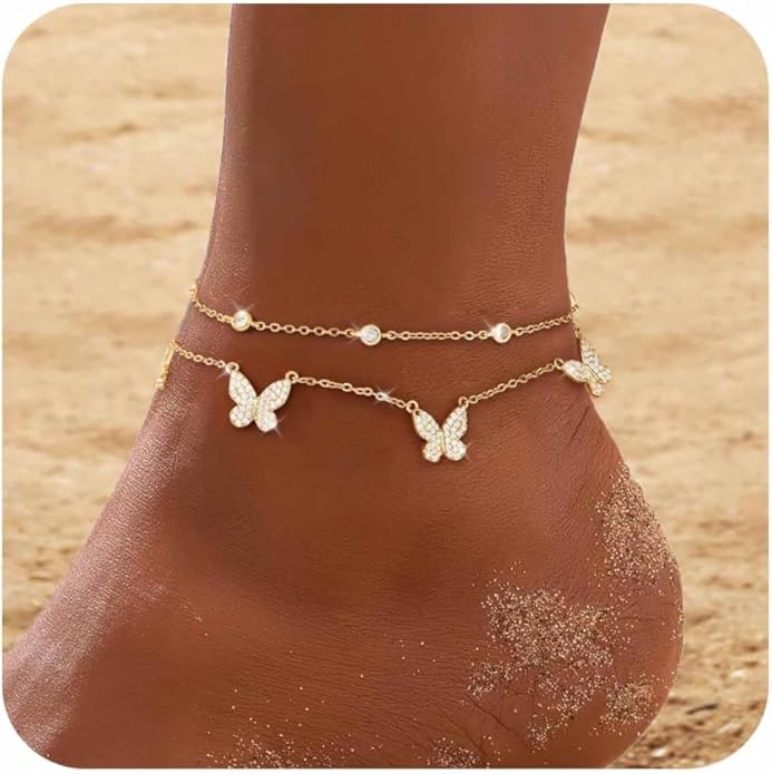 RLMOON Gold Anklets for Women CZ Ankle Bracelet 14K Gold Plated Waterproof Dainty Layered Tennis Heart Dot Chain Silver Clover Anklet Trendy Foot Jewelry