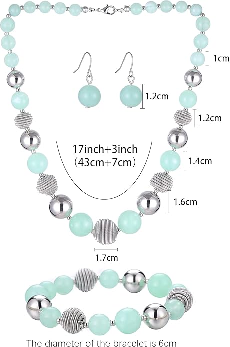 PEARL&CLUB Beaded Chunky Statement Necklace Earring and Bracelet Set Silver Metal Bead Fashion Jewelry Set Mothers’ Day Gifts for Women