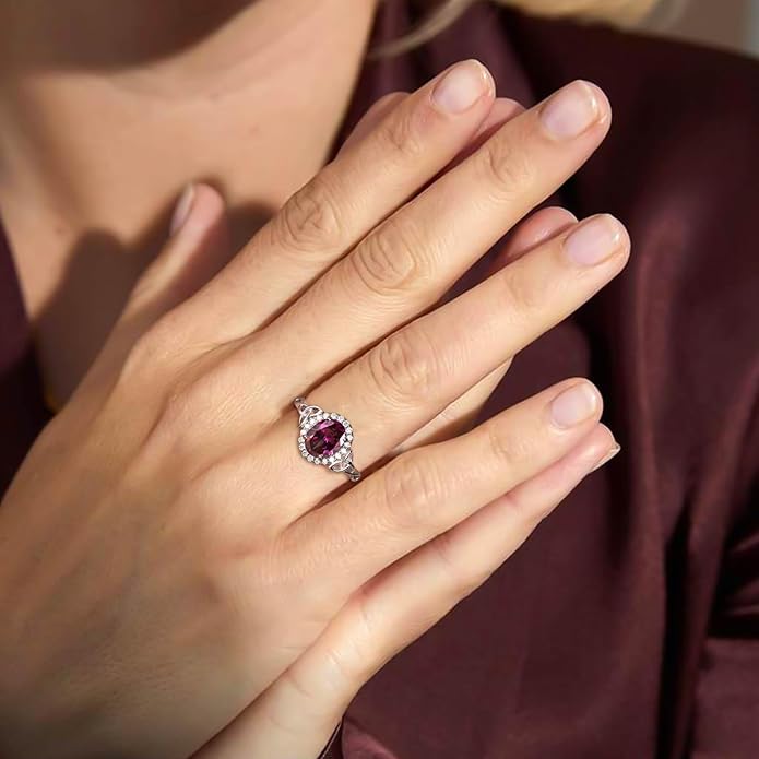 DAYBYDAY Celtic Birthstone Rings for Women 925 Sterling Silver Heart/Round/Pear/Oval Created Gemstone Moissanite Halo Engagement Promise Rings for Her Wife Birthday Anniversary Wedding Jewelry