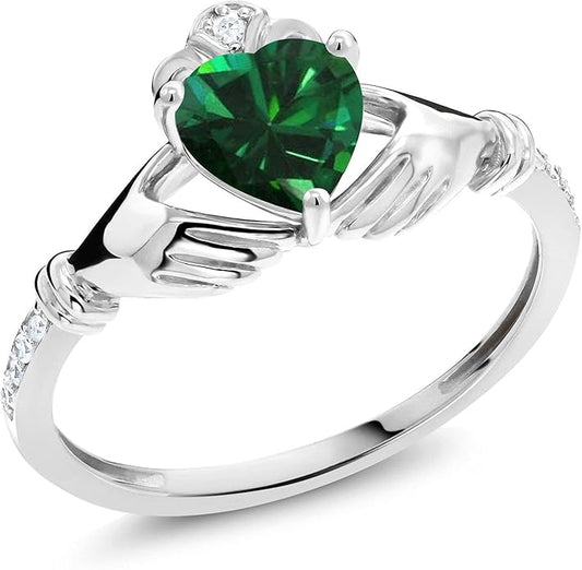 Gem Stone King 10K White Gold 6MM Heart Shape Gemstone Birthstone and White Diamond Irish Celtic Claddagh Engagement Ring | Gold Ring For Women | Available In Size 5, 6, 7, 8, 9