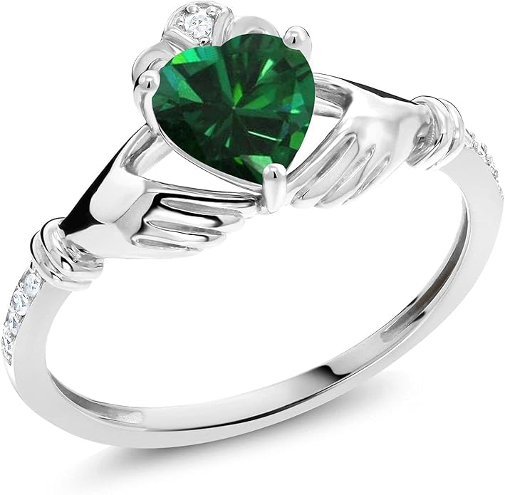 Gem Stone King 10K White Gold 6MM Heart Shape Gemstone Birthstone and White Diamond Irish Celtic Claddagh Engagement Ring | Gold Ring For Women | Available In Size 5, 6, 7, 8, 9