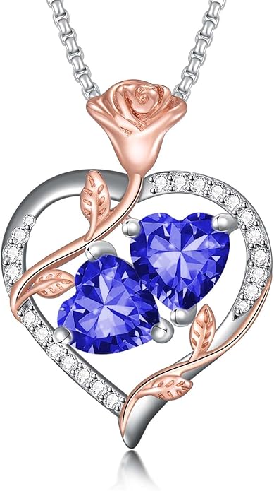 Jewelry for Her Double Heart Rose Birthstone Pendant Necklace Anniversary Jewelry Christmas Birthday Gifts for Women Wife Girlfriend
