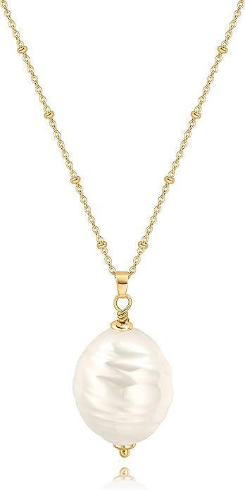 18k Gold Chain Link Necklace for Women, Baroque Pearl/Compass Pendant Necklace