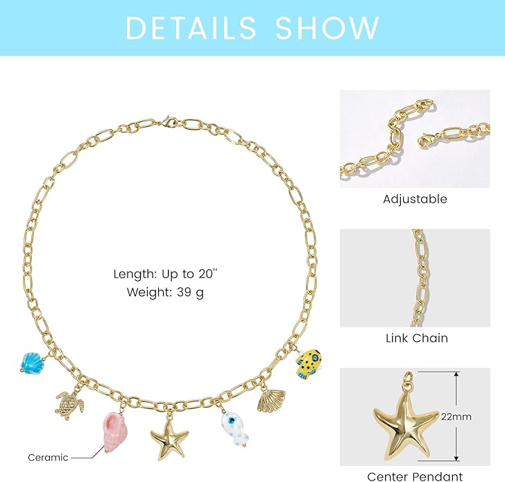 KissYan Charm Necklace for Women, 14K Gold Plated Heart Starfish Sun Pendant Fashion Link Chain Boho Summer Beach Jewelry Gifts
