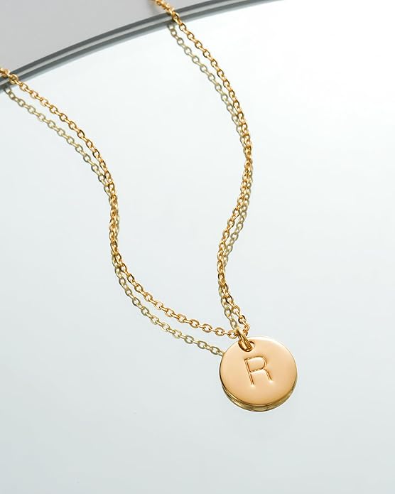 Bemoly Initial Necklace for Women Round 11MM Coin Disc Double Side Engraved Letter A-Z Hammered Pendant 14K Gold Plated Personalized Alphabet Birthday Jewelry 17.5"