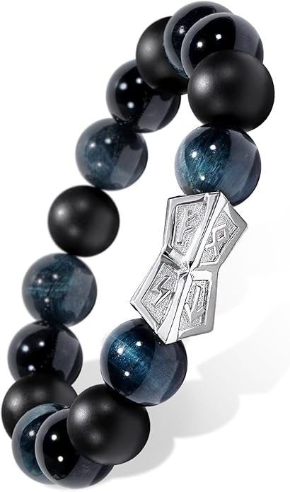 AWNL® Men's Beaded Bracelet with Sterling Silver Engraved Runes Charm 12mm Bronzite Dumortierite Obsidian Natural Gemstone Gift for Men, 6.1''-7.9''