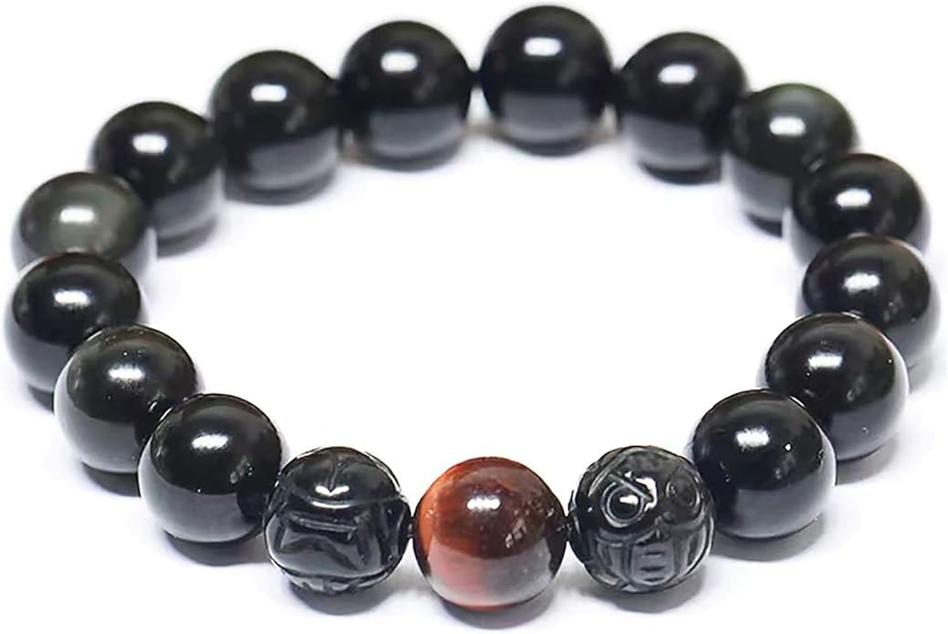 Black Obsidian Bracelet,Feng Shui Black Obsidian Wealth Bracelet for Women Men Couples Handmade Stretch Obsidian Bracelet Bangle with Carved Pixiu Tiger Eye Stone Attract Wealth Money and Good Luck
