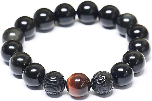 Black Obsidian Bracelet,Feng Shui Black Obsidian Wealth Bracelet for Women Men Couples Handmade Stretch Obsidian Bracelet Bangle with Carved Pixiu Tiger Eye Stone Attract Wealth Money and Good Luck