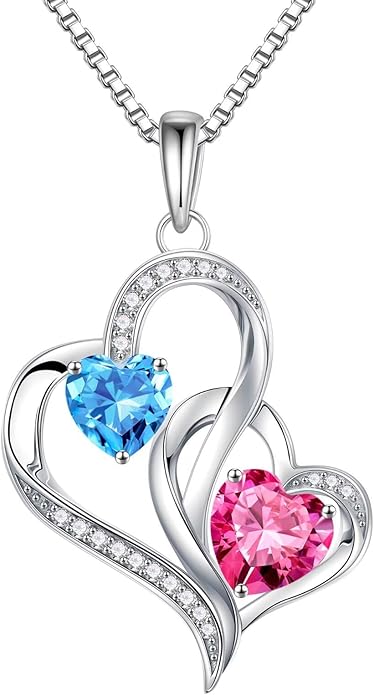 Iefil Birthstone Necklace for Women - 925 Sterling Silver Double Birthstone Heart Necklace | Anniversary Birthday Gifts for Women | Personalized Gifts | Jewelry Gifts for Wife Mom Girlfriend