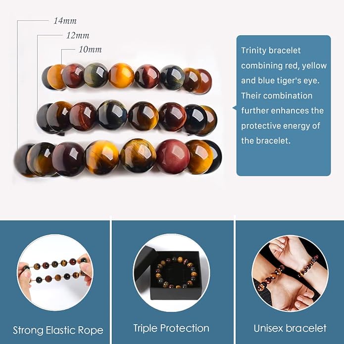 Tiger Eye Bracelet,Relax Anxiety Crystal Beaded Triple Protection Jewelry Bead Stone Chakra Gemstones Bracelets for women men