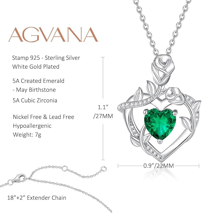 AGVANA Rose Birthstone Necklace for Women Sterling Silver Rose Flower Heart Necklace Fine Jewelry Anniversary Birthday Gifts for Women Wife Mom Her, Length: 18"+2"