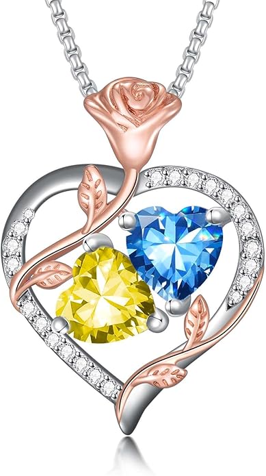 Jewelry for Her Double Heart Rose Birthstone Pendant Necklace Anniversary Jewelry Christmas Birthday Gifts for Women Wife Girlfriend