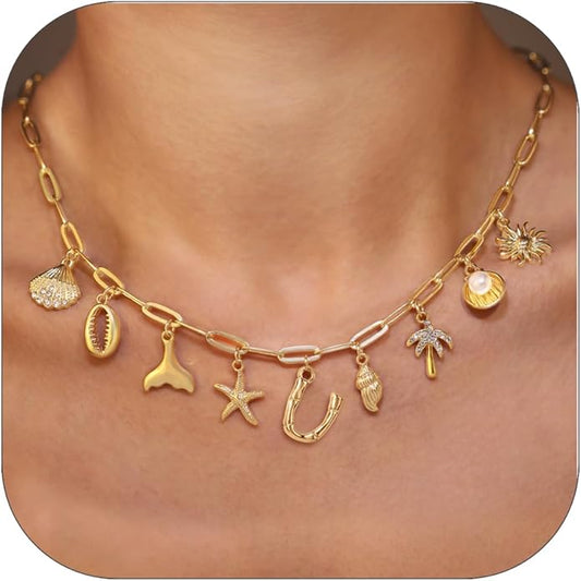 Initial Charm Necklace For Women Shell Letter Necklaces Gold Charms Pendant Boho Summer Seashell Beach 14k Starfish Surfer Jewelry Gifts