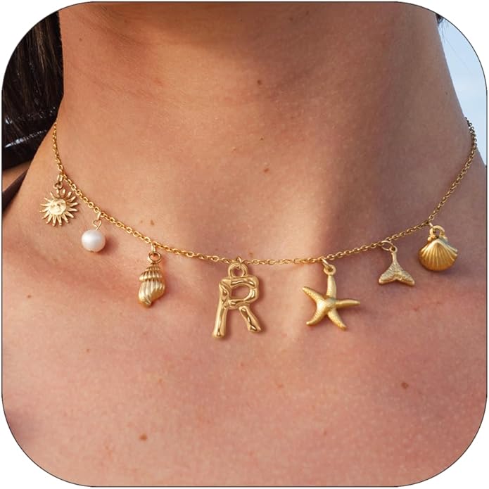 Initial Charm Necklace For Women Shell Letter Necklaces Gold Charms Pendant Boho Summer Seashell Beach 14k Starfish Surfer Jewelry Gifts