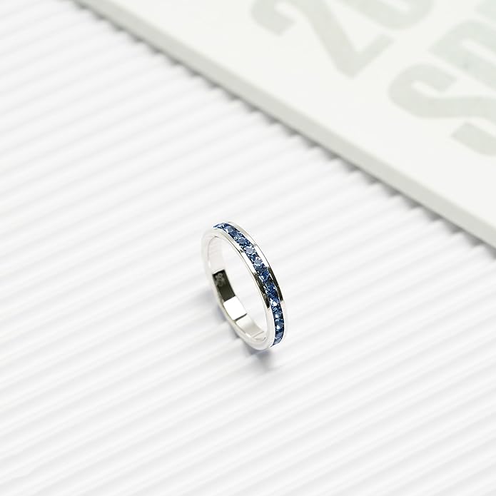 Muses Art Design Birthstone Eternity Band Ring (Channel Set/Full Round), Stackable Fashion Ring with Crystal Birthstone