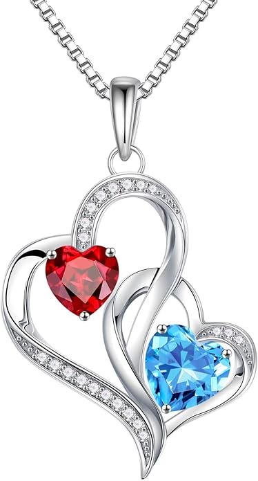 Iefil Birthstone Necklace for Women - 925 Sterling Silver Double Birthstone Heart Necklace | Anniversary Birthday Gifts for Women | Personalized Gifts | Jewelry Gifts for Wife Mom Girlfriend