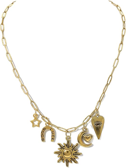 Chunky Retro Heart Necklace for Women Antique Layer Beach Ocean Moon Stars Western Boho Charm Necklaces Retro Link Chain Jewelry