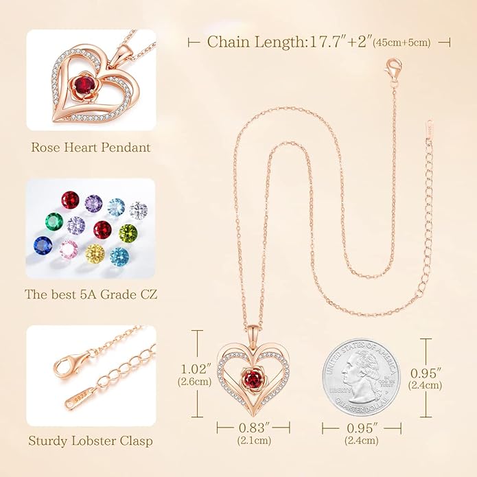 CDE S925 Silver Rose Gold Heart Birthstone Necklaces for Women，Ideal Anniversary or Birthday Jewelry Gifts for Wife Girlfriend Her