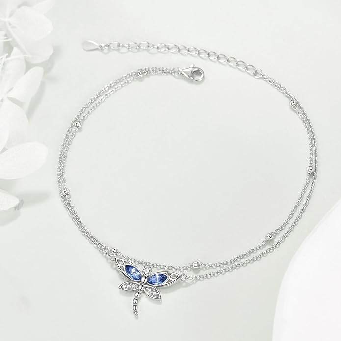TIGER RIDER Dragonfly Anklet Sterling Silver Dragonfly Gifts Jewelry for Women with Crystal Birthday Anniversary