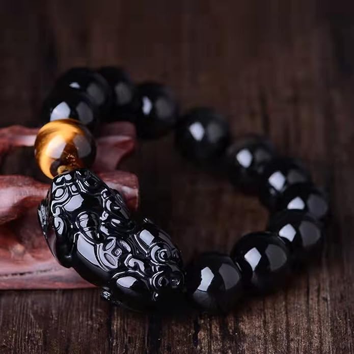 Black Obsidian Bracelet,Feng Shui Black Obsidian Wealth Bracelet for Women Men Stretch Obsidian Bracelet Bangle with Pixiu Tiger Eye Stone Attract Wealth Money and Good Luck