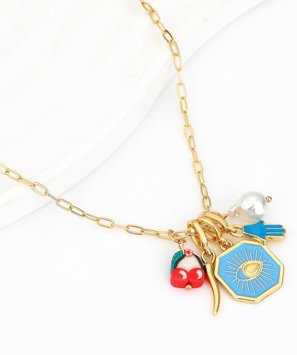 Charm Necklace for Women Gold Evil Eye Sun Moon Flower Coin Pendant Necklace Dainty Paperclip Chain Vintage Luck Amulet Choker Necklaces Celestial Jewelry Gift