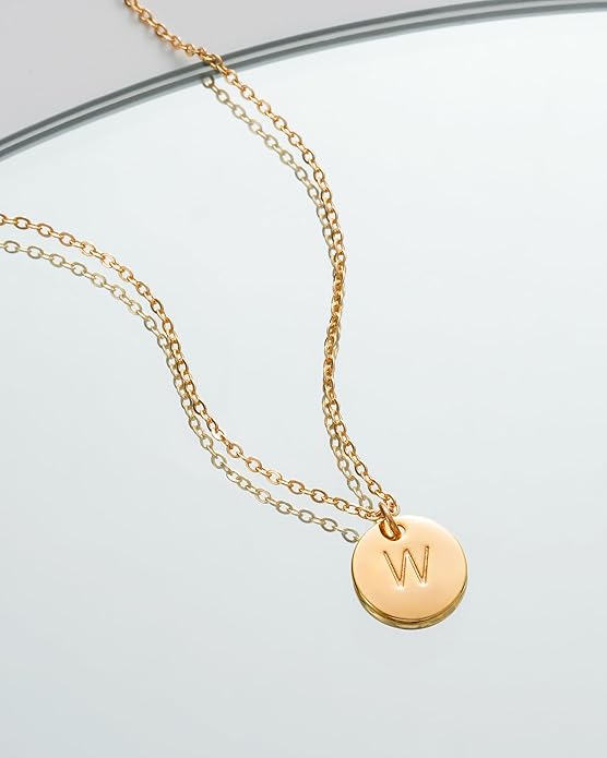 Bemoly Initial Necklace for Women Round 11MM Coin Disc Double Side Engraved Letter A-Z Hammered Pendant 14K Gold Plated Personalized Alphabet Birthday Jewelry 17.5"