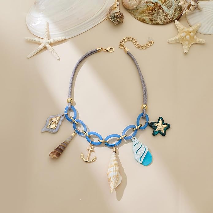 CLASSYZINT Gold Ocean Charms Necklace Shell Starfish Fish Necklace Chunky Acrylic Boho Beach Jewelry