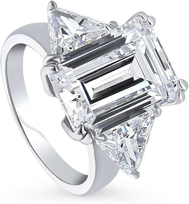 BERRICLE Sterling Silver CZ 3-Stone Solitaire Wedding Engagement Rings for Women, Cubic Zirconia Ring - Asscher, Cushion, Emerald, Pear, Round Cut - Canary Yellow, Green, Amethyst Purple Colors