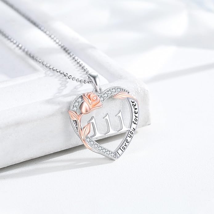 Number Necklace for Women 925 Sterling Silver Rose Angel Numbers Necklace Jewelry Birthday Gift for Grandma Mother