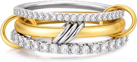 14K Gold Plated Interlocked Stackable Rings for Women Non Tarnish,Gold and Silver Cubic Zirconia Statement Rings Set,Mixed Metals Ring Two-Toned Connected Bands Stacking Jewelry