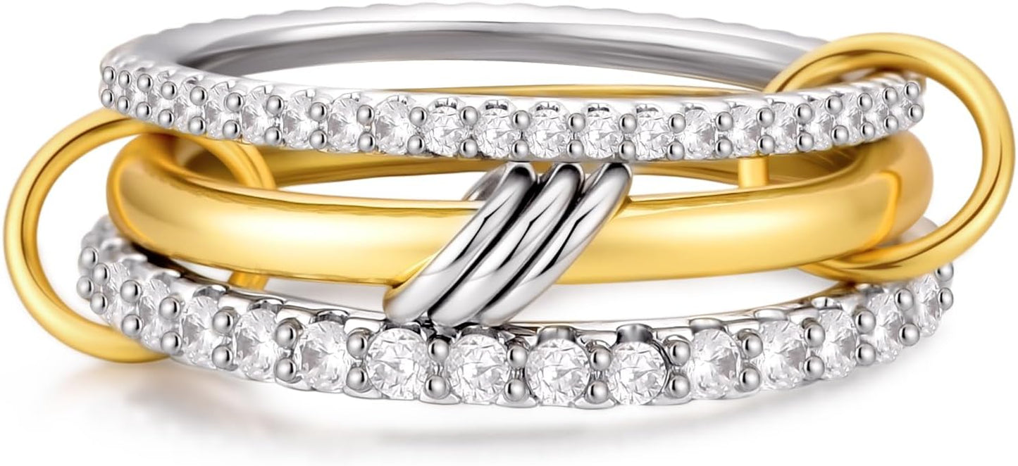 14K Gold Plated Interlocked Stackable Rings for Women Non Tarnish,Gold and Silver Cubic Zirconia Statement Rings Set,Mixed Metals Ring Two-Toned Connected Bands Stacking Jewelry